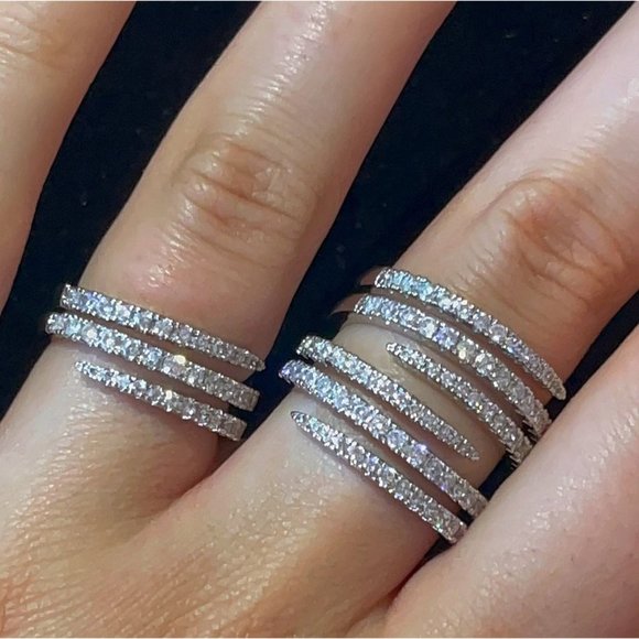 Silver Pave Diamond CZ Spiral Ring, Cubic Zirconia Statement Adjustable Ring - Picture 4 of 5